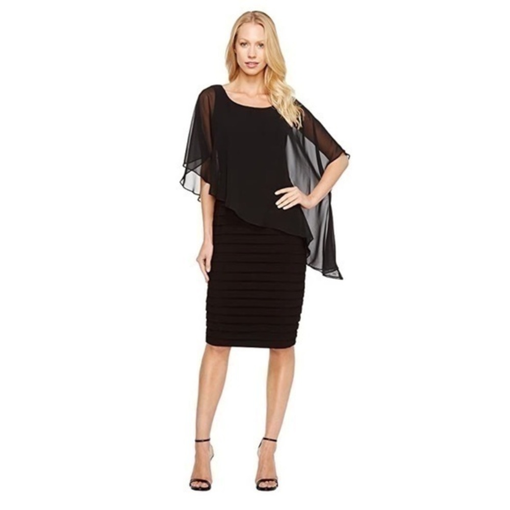 Adrianna Papell black chiffon cape overlay banded dress 14 QQ4
